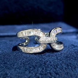 Handmade Ins Top Sell Wedding Rings Luxury Jewellery 925 Sterling Silver Fill Princess Cut White Topaz CZ Diamond Gemstones Women Open Cross Band Ring Gift