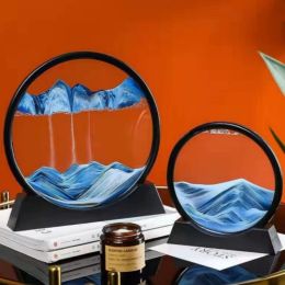 Calligraphy 7/12 Inch Dynamic Art Picture Circular Moving Hourglass 3D Mountain View Sport Display Flowing Sand Painting Desktop Decoration