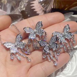 Sweet Women Jewellery Set High Quality White Gold Plated Bling CZ Tasssels Butterfly Earrings Ring Necklace Set for Girls Women for Prty Wedding Nice Gift