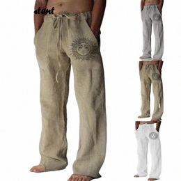 summer Cargo Pants Men Casual Pants Mens Daily Wear Full Length Soft Linen Pants Mid Waist Pocket Drawstring Trousers Streetwear v67h#