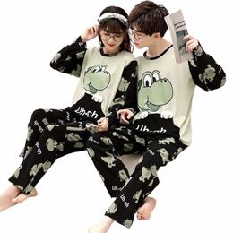 autumn Carto Dinosaur Women Men Pajama Set Couples Sleepwear Korean Loose Unisex Pijamas Mujer Lg Sleeve Cott Pyjama l5AE#