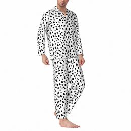 dalmatian Dog Print Pajamas Set Black and White Fi Sleepwear Lg-Sleeve Casual Loose Home 2 Pieces Nightwear Large Size 318B#