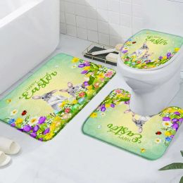 Mats Easter Bunny Bath Mat Eggs Tulip Meadow Barn Funny Bunny Home Flannel NonSlip Floor Mat Toilet Seat Bathroom Rugs And Mat Set