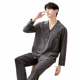 2024 Men's Spring Casual Sleepwear Sets Solid HomeWear Suits 2pcs Cott Slee Top Pant Autumn Pyjamas Male L-3XL Dropship 94PG#