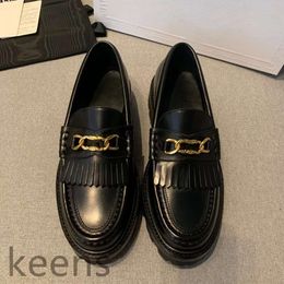 Black gold chain tassel loafers genuine leather one foot flat shoes women's height increasing shoes luxurious designer formal shoes