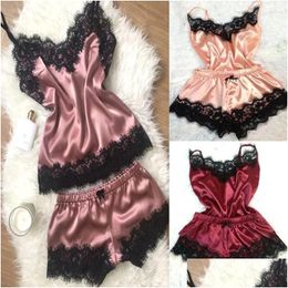 Womens Sleepwear 1 Set Of Y Pajamas Sleeveless Camisole Pyjamas Lace-Trimmed Satin Pyjama Drop Delivery Apparel Underwear Otwum