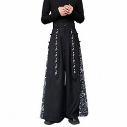 iefb New Chinese Style Embroidered Ribb Skirt Pant Persality Men Patchwork Wide Leg Casual Trousers Fi Versatile 9C3118 I9sM#