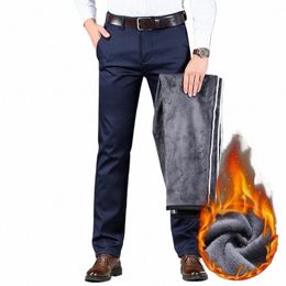 winter New Men Warm Casual Pants Busin Fi Straight Fit Fleece Thicken Stretch Trousers Male Brand Black Khaki Navy Grey E965#