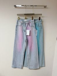 Jeans female designer gradient blue pink capris jeans long pants straight leg women's street style spray dyed contrasting Colours