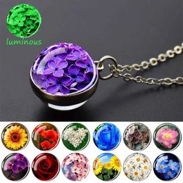 Pendant Necklaces Luminous Flower Necklaces Rose Lotus Cherry Blossoms Sunflower Necklace Women Glass Ball Pendant Glow In The Dark Jewellery GiftC24326