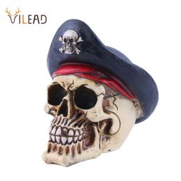 Sculptures Vilead Pirate Captain Skull Head Halloween Horror Party Decor Skull Statue Movie Props Art Painting Skull Ornament Home Decor