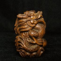 Sculptures YIZHU CULTUER ART H 7 CM Old Chinese boxwood hand carved Dragon figurine Statue decoration Gift collection