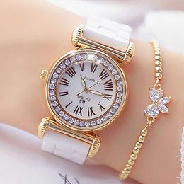 Relógios femininos Marca de luxo Moda Dress Female Gold Watches Women Bracelet Diamond Ceramic Watch for Girl Reloj Mujer 2105243i