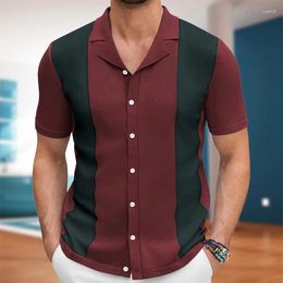 Men's Casual Shirts Patchwork Knitting Men Summer Short-sleeved Beach Breathable Knit Shirt Fashion Contrast Color Jacquard Button Lapel