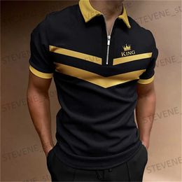 Men's T-Shirts King Printed Short Slved Polo Shirt Summer Casual Tops Fashion High Quality Zipper Pullover Simple Oversize Men Clothing 2023 T240328
