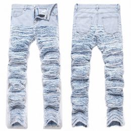 europe style men Jeans Pants skinny Slim Biker Denim blue Stretch hole jeans design for husband big size 40 42 t3ZE#