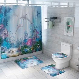 Bath Mats 3D Ocean Dolphin Shower Curtain Waterproof Curtains Bathroom Anti Slip Pedestal Rug Lid Toilet Cover Mat Set