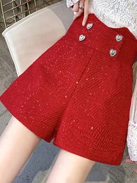 HMA Women Fashion Front Love Metal Buttons Tweed Shorts Vintage High Waist Woolen Female Short Pants Mujer 240320