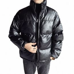 yasuguoji New Cott-padded Men's PU Leather Jacket Casual Slim Bomber Jacket Men Warm Parka Mens Winter Puffy Jackets and Coats g38y#