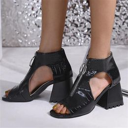 Dress Shoes PXELENA Roman Punk Gladiator Sandals Women Open Toe Front Zip Chunky Block High Heels Rome Goth 2024 Summer Office Lady 43