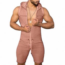 men Jumpsuit Tight Sleevel Bodysuit Zipper Hooded Romper Short Pant Casual Home Wear Tracksuit Pajamas Onesies for Adults Men B5D0#