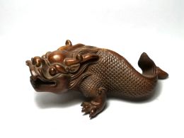 Sculptures YIZHU CULTUER ART Collectable Old China Boxwood Hand Carved Loong Dragon Figure Statue Family Ornament Gift