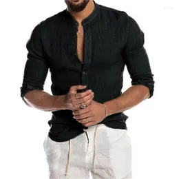 Men's Casual Shirts Solid Color Linen Standing Neck Cardigan Long Sleeved Loose Fitting Shirt