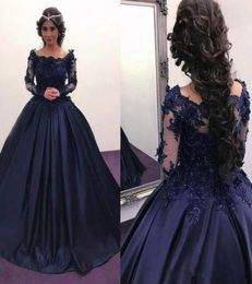 2018 Fall Winter Navy Blue Long Sleeve Prom Dresses Bateau Lace Satin masquerade Ball Gown African Evening Formal Dress vestidos P3121970