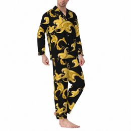 baroque Leaf Pajamas Men Gold Floral Comfortable Home Sleepwear Autumn 2 Piece Casual Loose Oversized Printed Pajamas Set D7DU#