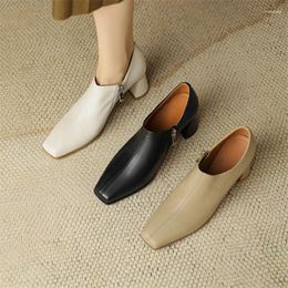 Dress Shoes 2024 Autumn Genuine Leather Loafers French Square Toe Chunky Heel High Heels Winter Women Pumps For Zaptos Mujer