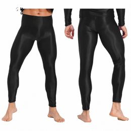 mens Glossy Solid Color Leggings Elastic Waistband Skinny Pants for Gym Workout Fitn Yoga Exercise Running Swimming U8YD#