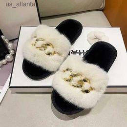 Slippers Slippers Fashion Chain Design Women Home Solid Colour Open Toe Indoor Winter Flat Non-slip Leisure Interior Female Shoes 2024 H240326BRY5