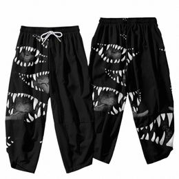 carto Dem Mouth Printed Black Men Japanese Harem Trousers Casual Elastic Waist Kimo Cropped Pants Streetwear W89b#