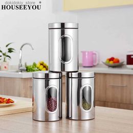 Food Jars Canisters 3 pieces/set of stainless steel kitchen food storage can boxes with rain caps and transparent viewsL24326