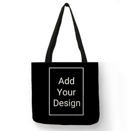 Personal Custom Bags Women Tote Handbag Linen Fabric Canvas Bag With Print Pictures Shopping Bags DIY Black Shoulder Bags 240322