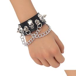 Charm Bracelets Unisex Trendy Designer Bracelet Men Punk Hip Hop Rock Pu Leather Chain Skl Rivet Bangle Party Jewellery Gift Drop Deliv Dh2Sr