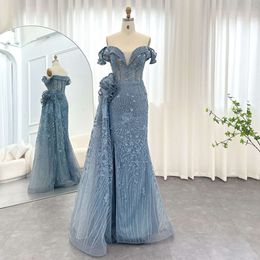 Dresses Evening Said Sharon Mermaid Blue Dubai 3D Flowers With Overskirt Plus Size Elegant Woman Wedding Party Gown Ss156