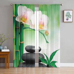 Curtains Zen Stones Orchids Flower Green Bamboo Tulle Curtains for Living Room Bedroom Decor Transparent Sheer Voile Window Curtain