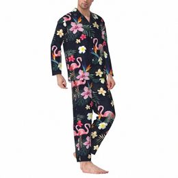 tropical Birds Sleepwear Autumn Flamingo Print Casual Oversized Pajama Sets Man Lg-Sleeve Lovely Daily Custom Nightwear i5JQ#