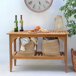 Camp Furniture Plantation Teak Camping Table 47in 2-Shelf Patio Console Indoor Outdoor Multifunctional Buffet Bar Storage Organiser