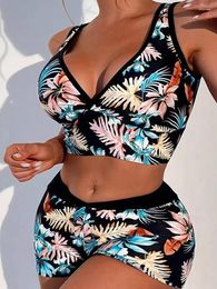 Women's Swimwear Bikini Women Swimsuit 2024 Print Sling V Neck Bikinis Set Sexy High Waist Boxer Shorts Beach Bathing Suit Female