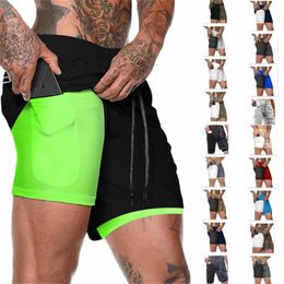 2023 European Men's Sports Summer New Double Layer Mobile Phe Pants Gym Exercise Jogging Training Shorts y5Cu#