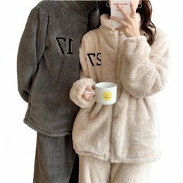 couple Pyjamas Set Autumn Winter Flannel Lg Sleeve Zipper Lg Plush Sleepwear Suit Men Nightcloth Thick Veet Thermal Women J5HG#