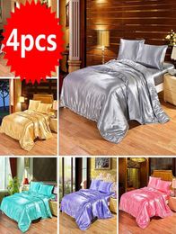 4pcs Luxury Silk Bedding Set Satin Queen King Size Bed Set Comforter Quilt Duvet Cover Linens with Pillowcases and Bed Sheet LJ2006020224