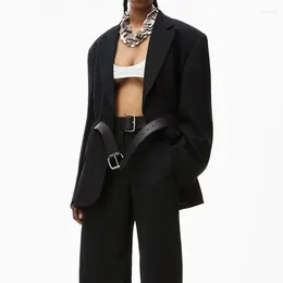 Women's Suits Fashion Genuine Leather Belt Suit Jacket High End Clothes Classic Black Long Sleeve Lapel Blazer Office Lady Summer
