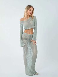 Women's Swimwear ZBZA Womens 2-piece crochet hollow sexy swimsuit 2PCS covered shoulder knitted cut top and long sleeved beach jacket 240326