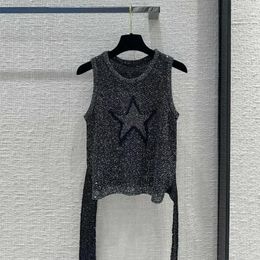 Women's Tanks 2024 Spring Summer Knitted Tank Tops Women O-neck Sleeveless Sequins Embroidery Star Black Vest Lace-up Belt