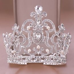 Baroque Vintage Crystal Pearl Big Tiara Crown Diadem Queen King Head Jewellery Bridal Tiaras Wedding Hair Accessories Ornaments y240311