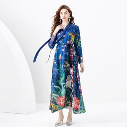 V-neck Floral Blue Maxi Resort Dress Long Sleeved Elegant Designer Women Vintage Printed Swing Dresses Ribbon Bow Spring Ladies A-line Casual Beach Party Clothes 2024