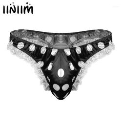 Iiniim Mens Lingerie Shiny Panties High Cut Sissy Ruffle Lace Polka Dots Jockstraps Bulge Pouch Bikini Gstring Thong Underwear16158854